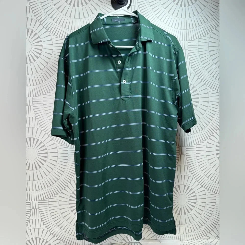 Turtleson Men’s Short Sleeve Polo Shirt Hunter Green w/ Navy‎ and White Stripe L